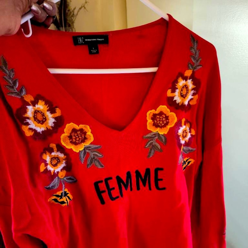 Red Femme top with embellished sleeves